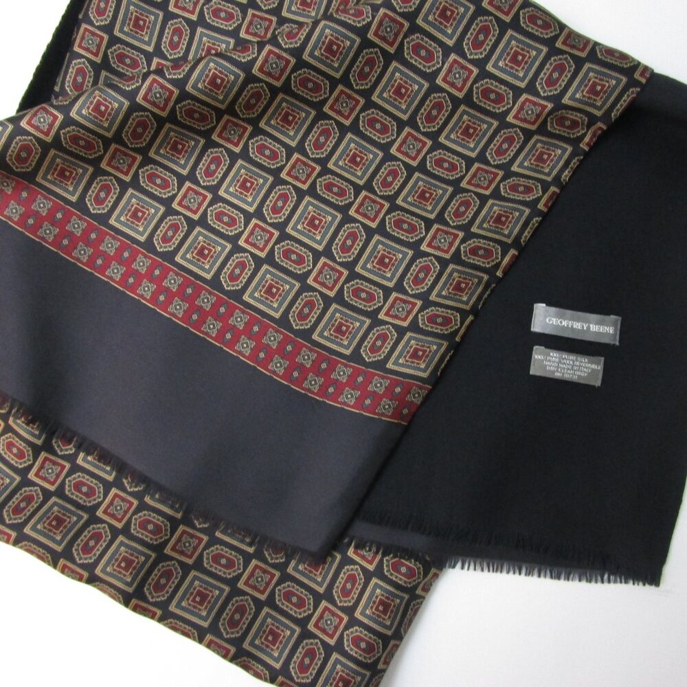 Vintage Reversible Scarf Silk Wool Hand Made Italy Burgundy Black